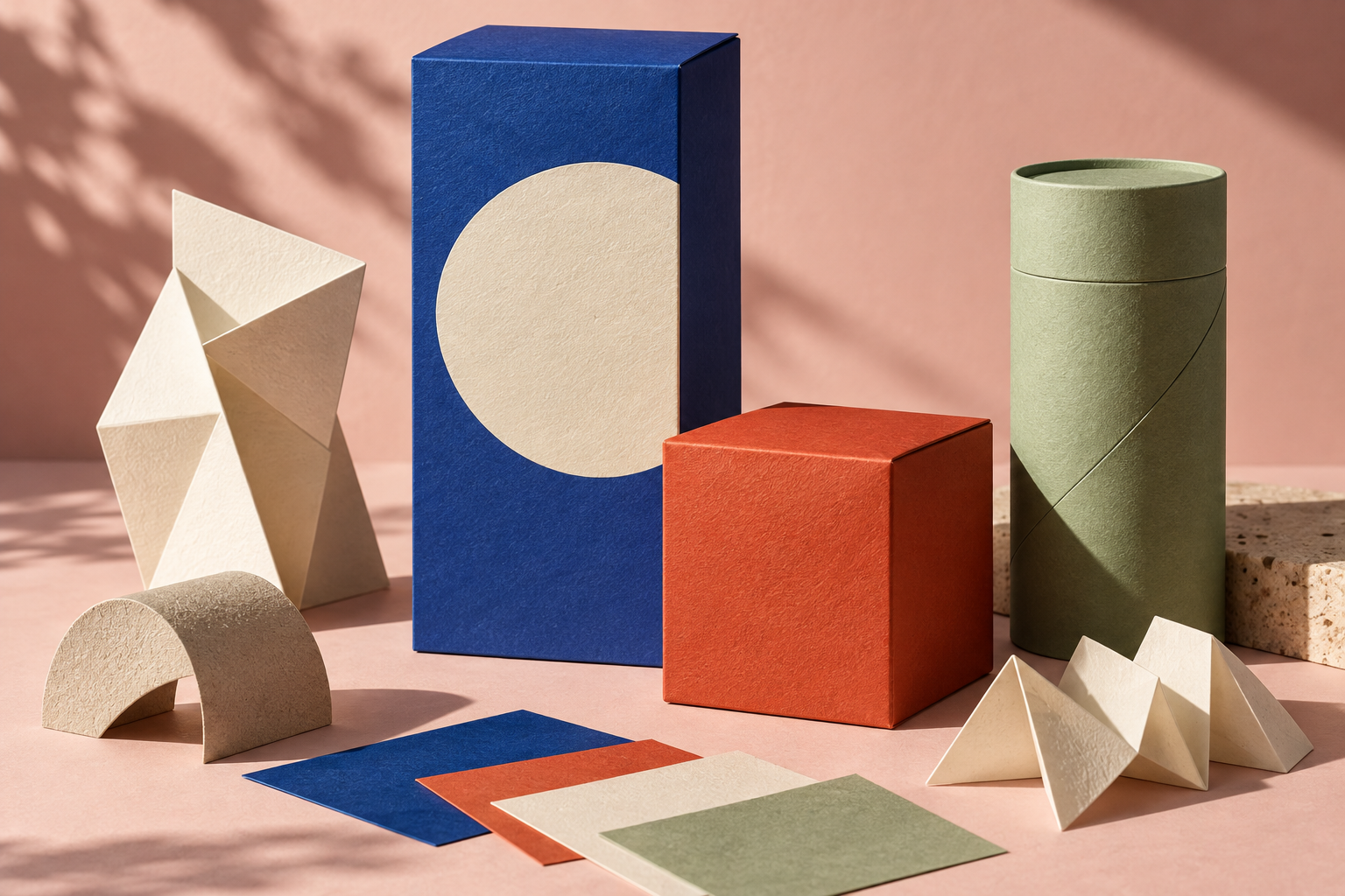 Sculptural blue, red and green packaging on a blush background